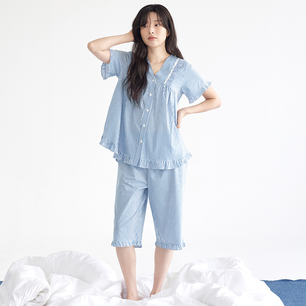 블루ST V넥 순면 여성 반팔 빅사이즈 잠옷 세트 - 상세 이미지 4