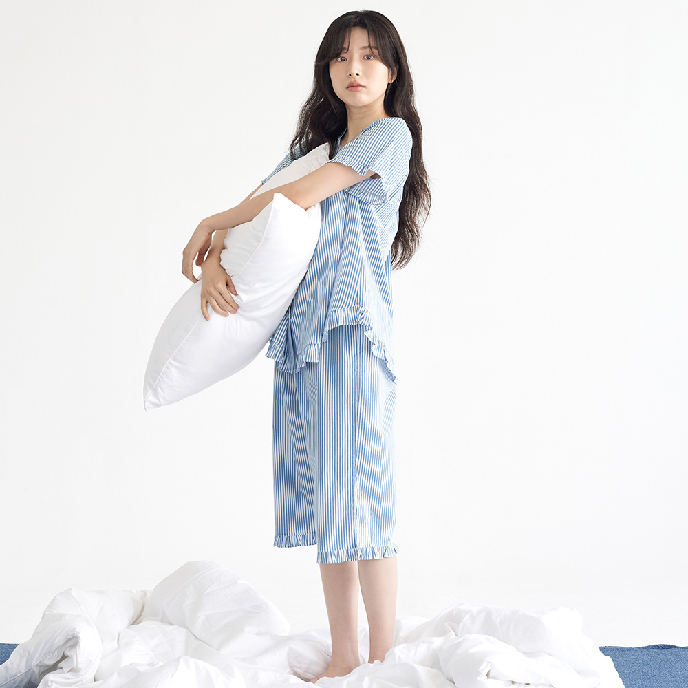 블루ST V넥 순면 여성 반팔 빅사이즈 잠옷 세트 - 상세 이미지 5