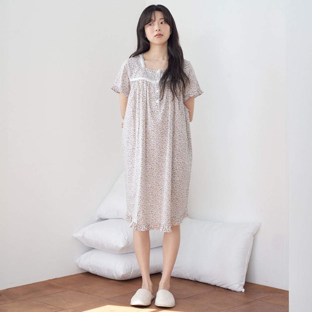 보라잔꽃 스퀘어 순면 여성 반팔 빅사이즈 원피스 잠옷 - 상세 이미지 2