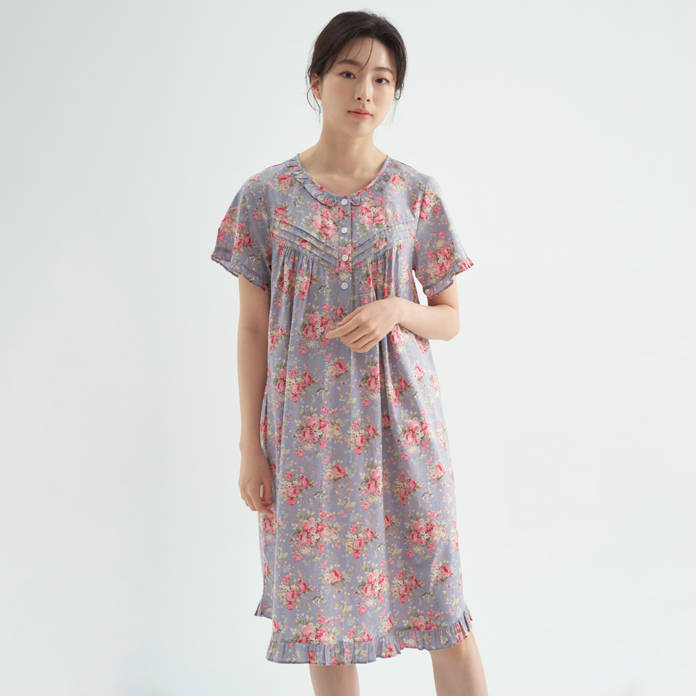 연보라장미 순면 여성 반팔 빅사이즈 원피스 잠옷 - 상세 이미지 2
