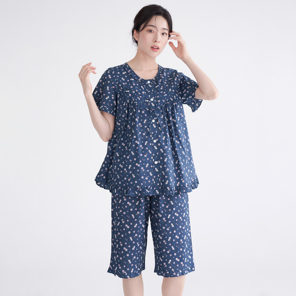 네이비샤론 순면 여성 반팔 빅사이즈 잠옷 세트 - 상세 이미지 3