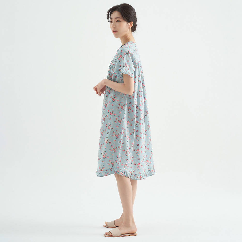 연한민트꽃 순면 여성 반팔 빅사이즈 원피스 잠옷 - 상세 이미지 4