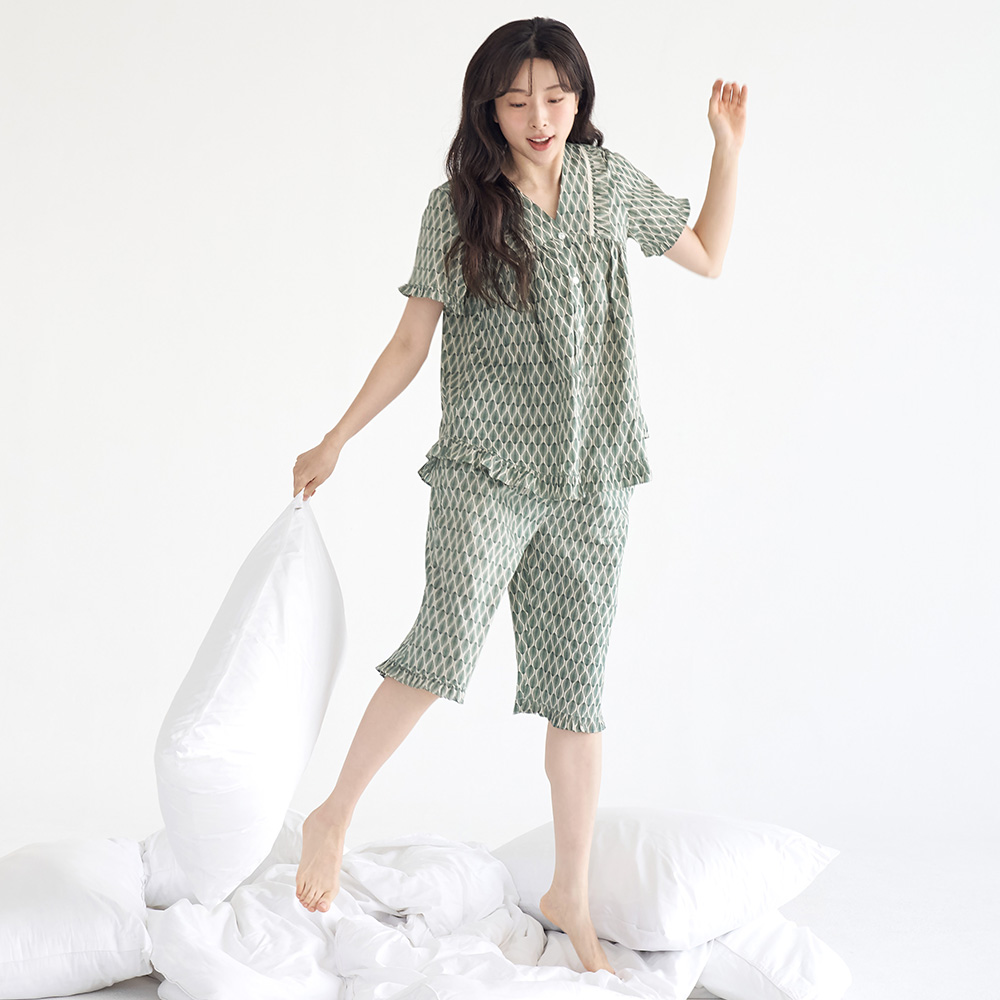 오리엔탈 V넥 순면 여성 반팔 빅사이즈 잠옷 세트 - 상세 이미지 5