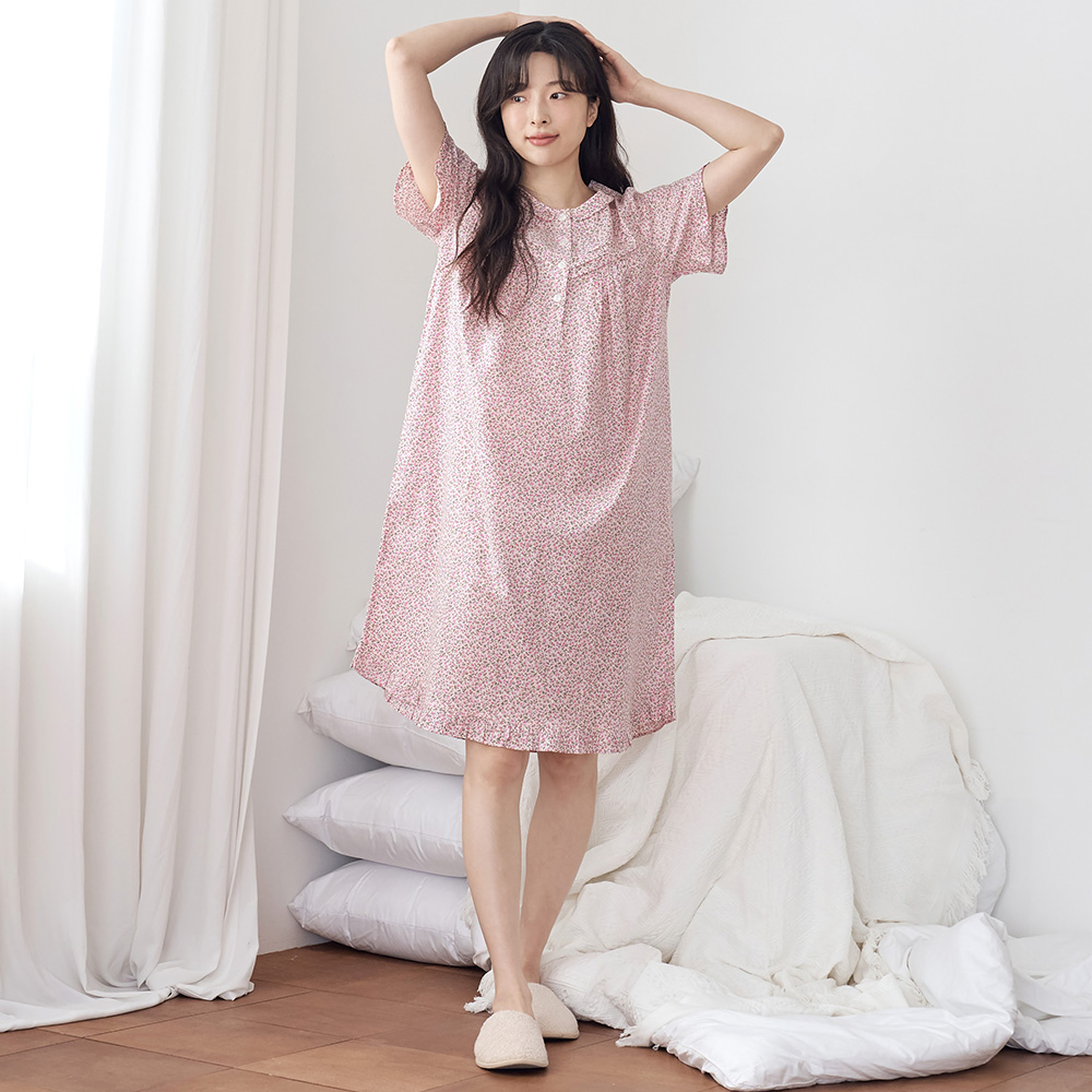 핑크잔꽃 순면 여성 반팔 빅사이즈 원피스 잠옷 - 상세 이미지 4