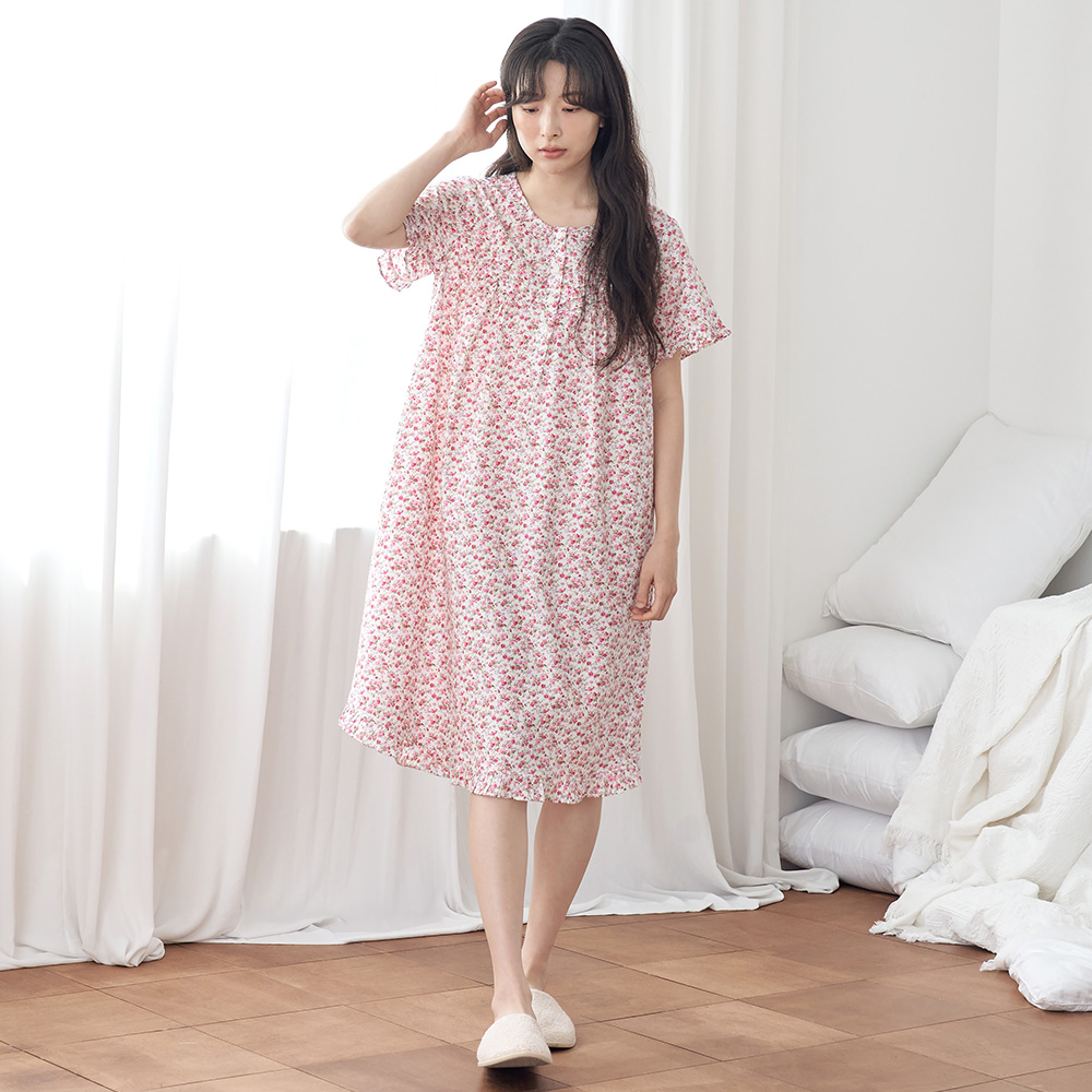 빨간잔꽃 순면 여성 반팔 빅사이즈 원피스 잠옷 - 상세 이미지 5