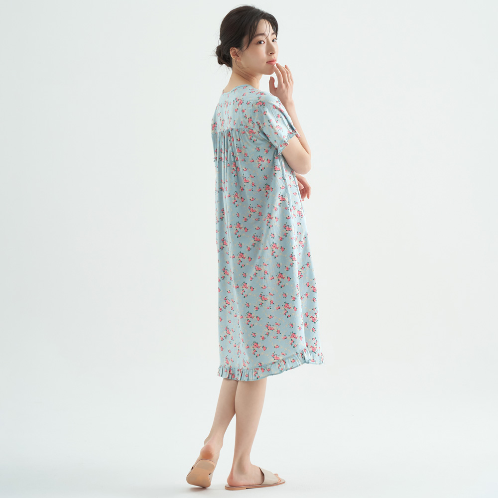 연한민트꽃 순면 여성 반팔 빅사이즈 원피스 잠옷 - 상세 이미지 5