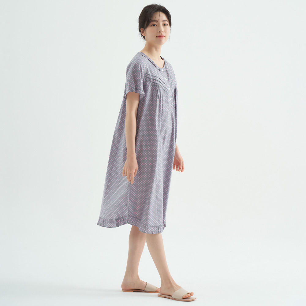 퍼플핑크도트 순면 여성 반팔 빅사이즈 원피스 잠옷 - 상세 이미지 3