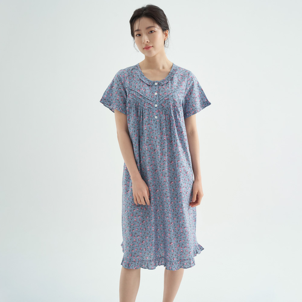 진한블루꽃 순면 여성 반팔 빅사이즈 원피스 잠옷 - 상세 이미지 2