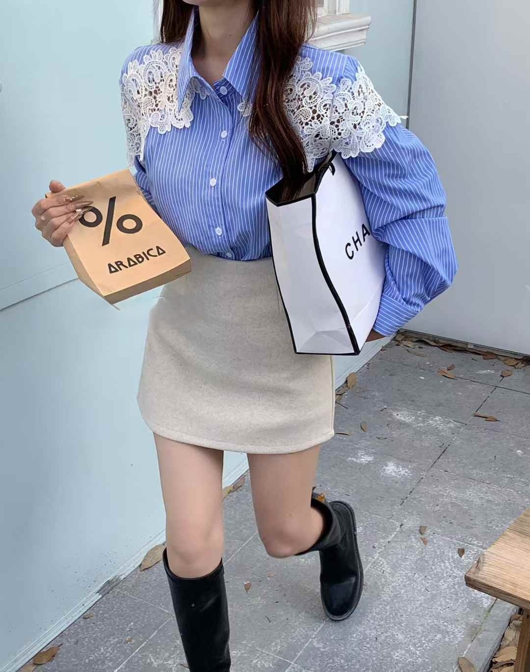 레이스펀칭 스트라이스셔츠 기본 무지긴팔셔츠 코튼 자수남방 페미닌 - 상세 이미지 2