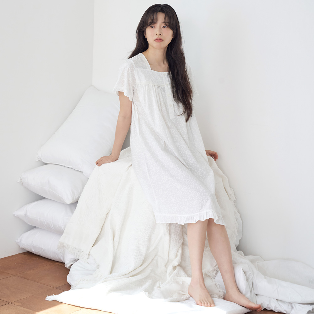 화이트퓨어 스퀘어 순면 여성 반팔 빅사이즈 원피스 잠옷 - 상세 이미지 2