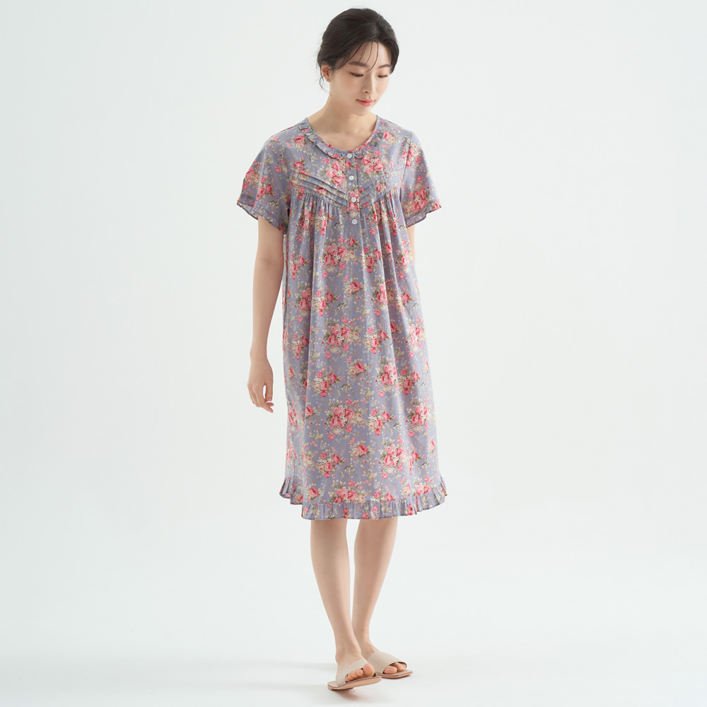연보라장미 순면 여성 반팔 빅사이즈 원피스 잠옷 - 상세 이미지 3