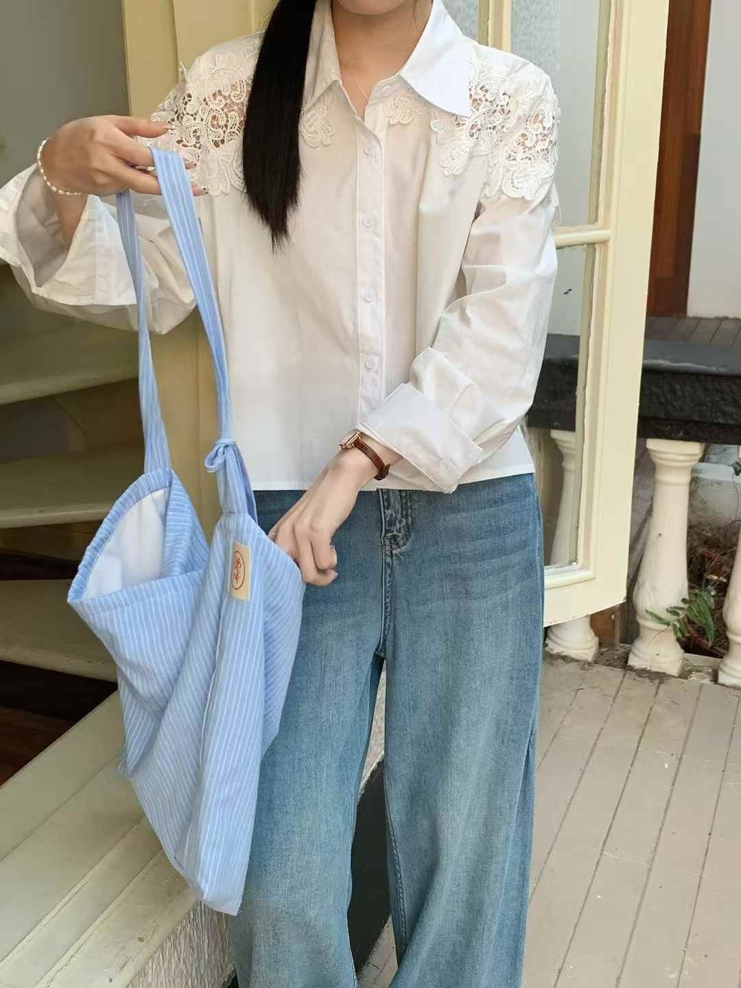 레이스펀칭 스트라이스셔츠 기본 무지긴팔셔츠 코튼 자수남방 페미닌 - 상세 이미지 4