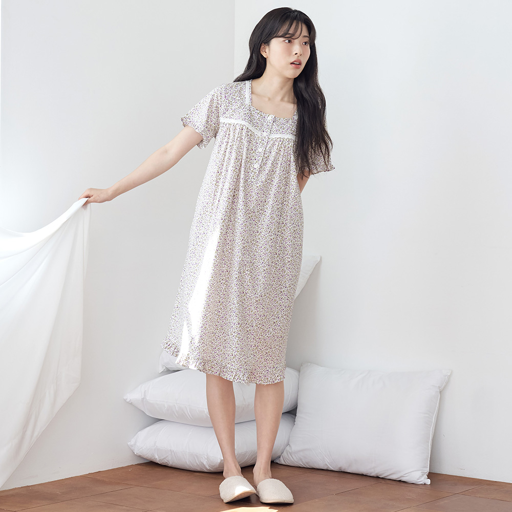 보라잔꽃 스퀘어 순면 여성 반팔 빅사이즈 원피스 잠옷 - 상세 이미지 4
