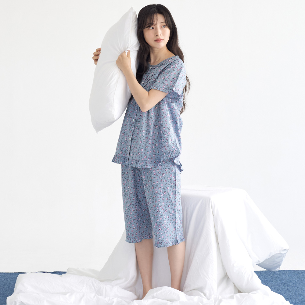 진한블루꽃 순면 여성 반팔 빅사이즈 잠옷 세트 - 상세 이미지 3