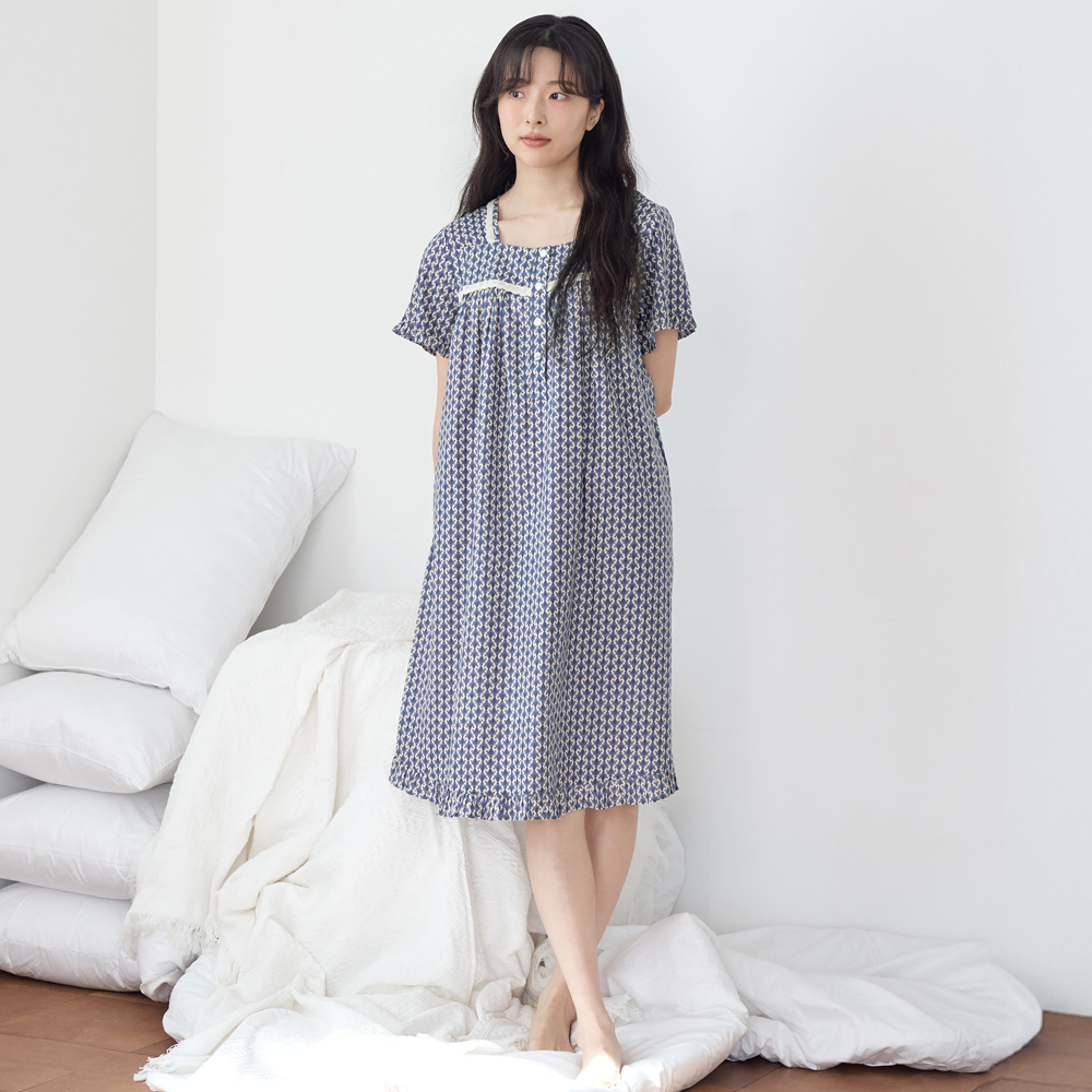 엔틱블루 스퀘어 순면 여성 반팔 빅사이즈 원피스 잠옷 - 상세 이미지 4