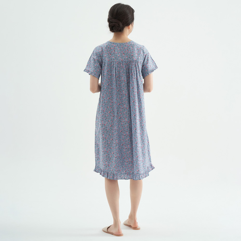 진한블루꽃 순면 여성 반팔 빅사이즈 원피스 잠옷 - 상세 이미지 5