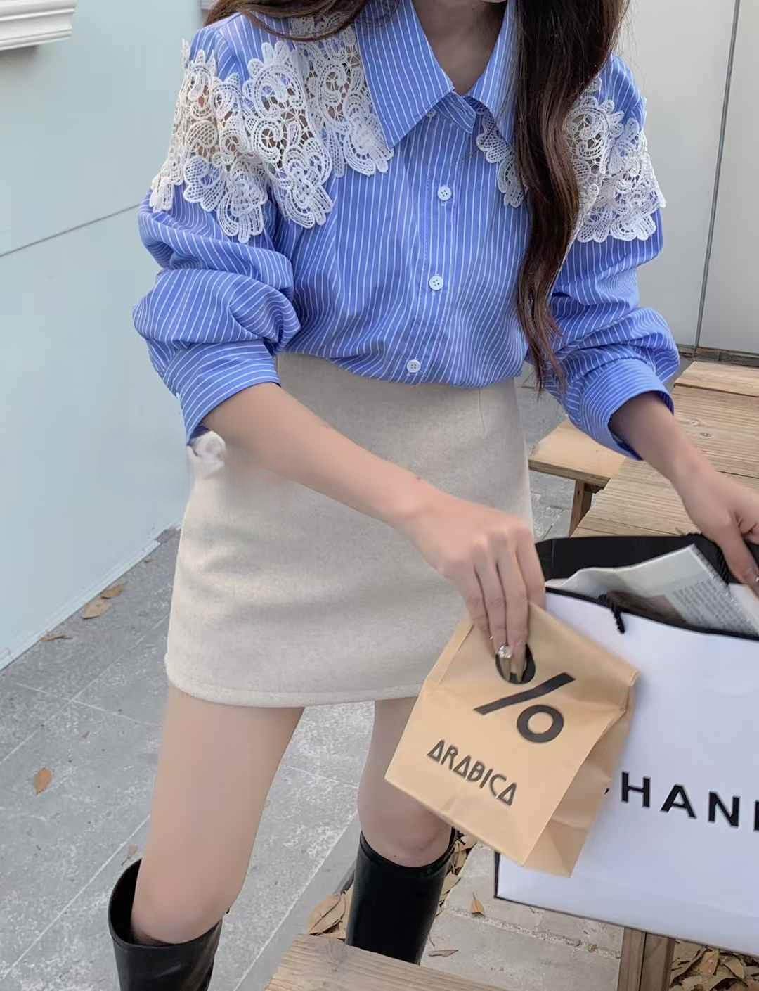 레이스펀칭 스트라이스셔츠 기본 무지긴팔셔츠 코튼 자수남방 페미닌 - 상품 이미지