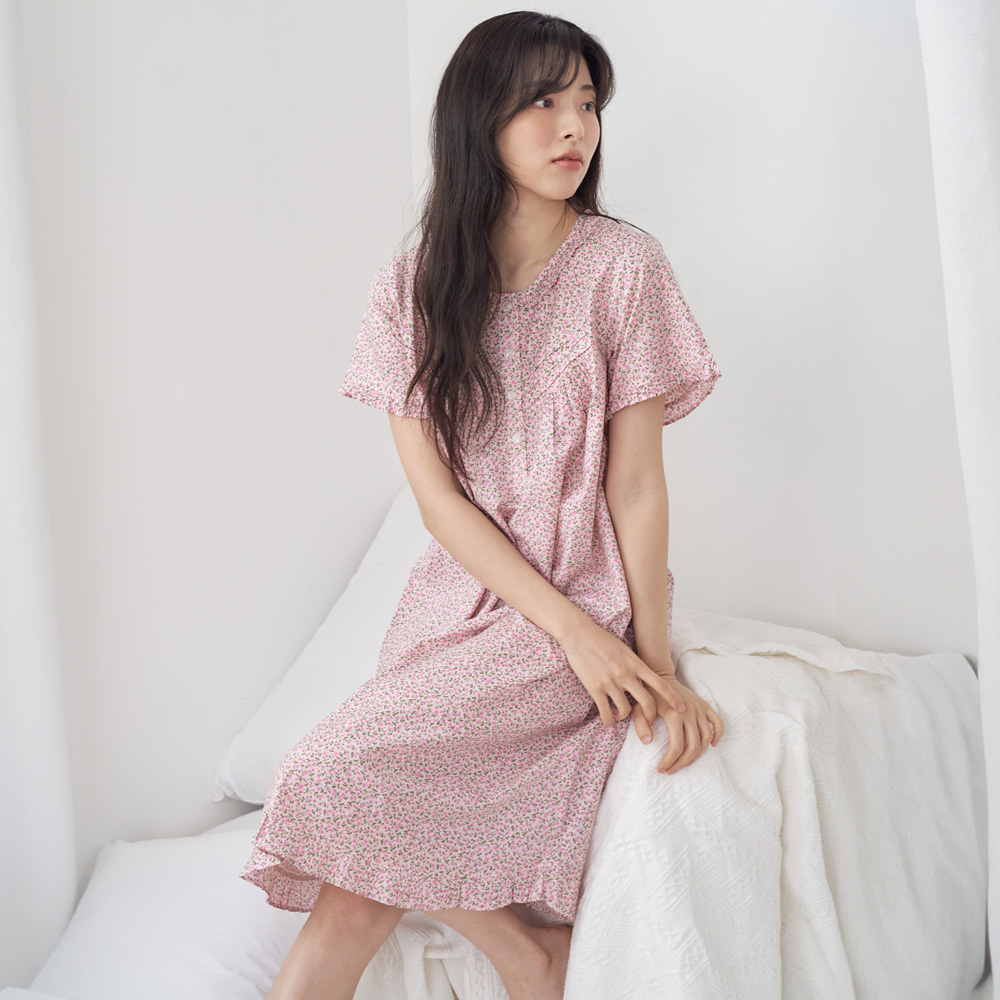 핑크잔꽃 순면 여성 반팔 빅사이즈 원피스 잠옷 - 상세 이미지 2