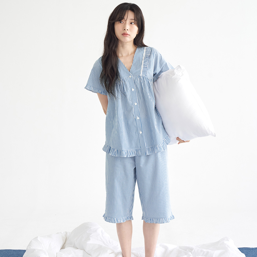 블루ST V넥 순면 여성 반팔 빅사이즈 잠옷 세트 - 상세 이미지 3