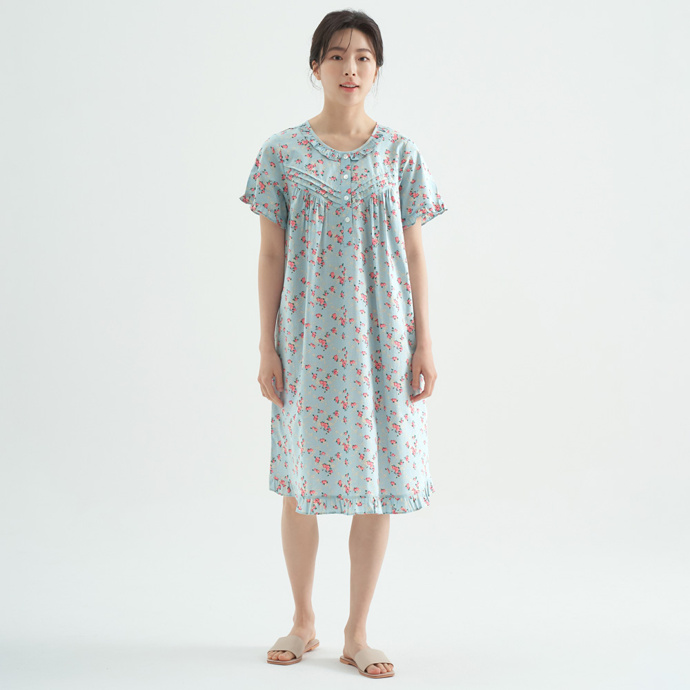 연한민트꽃 순면 여성 반팔 빅사이즈 원피스 잠옷 - 상세 이미지 3