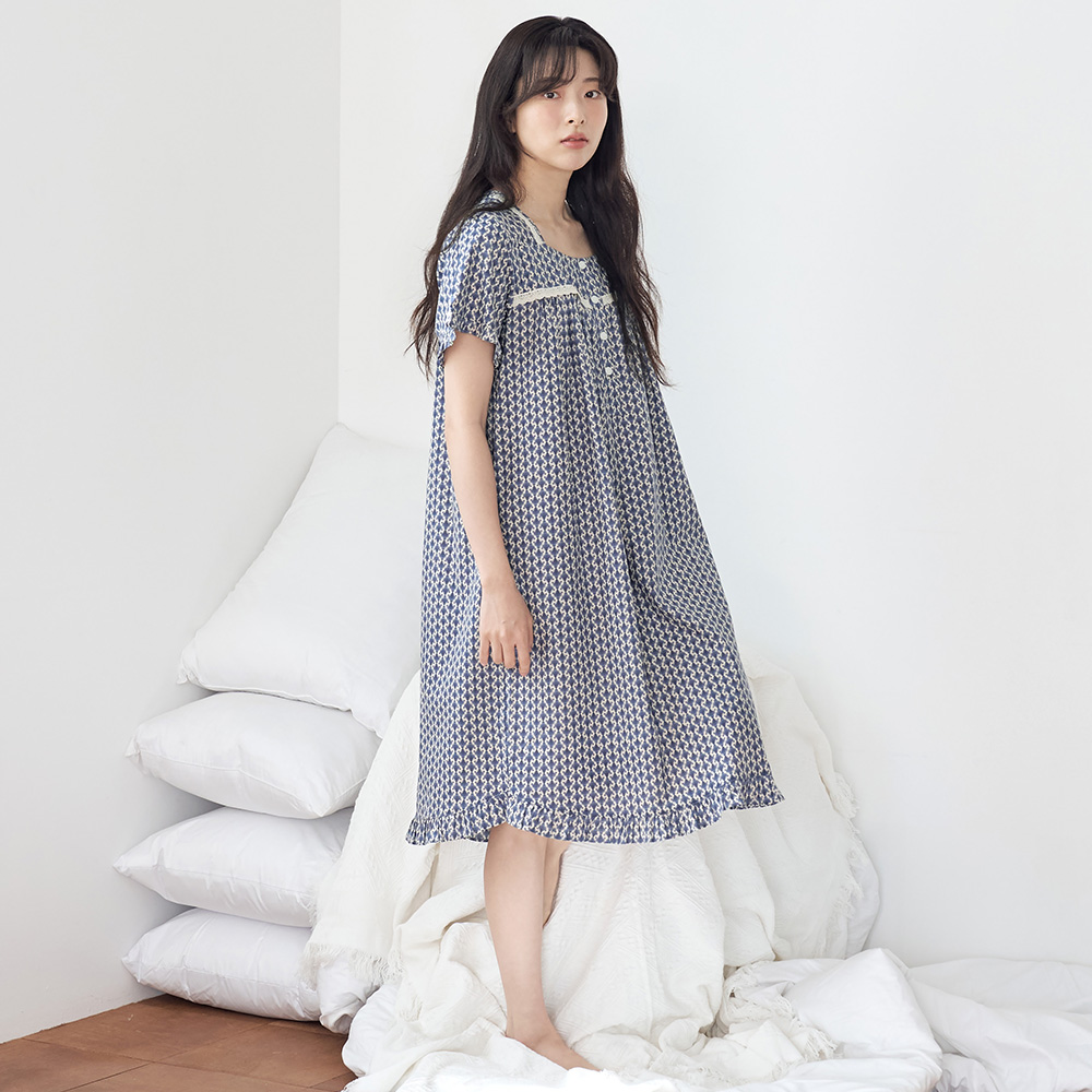 엔틱블루 스퀘어 순면 여성 반팔 빅사이즈 원피스 잠옷 - 상세 이미지 5