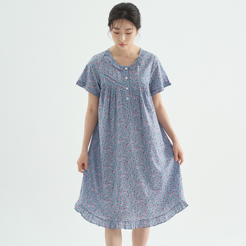 진한블루꽃 순면 여성 반팔 빅사이즈 원피스 잠옷 - 메인 이미지