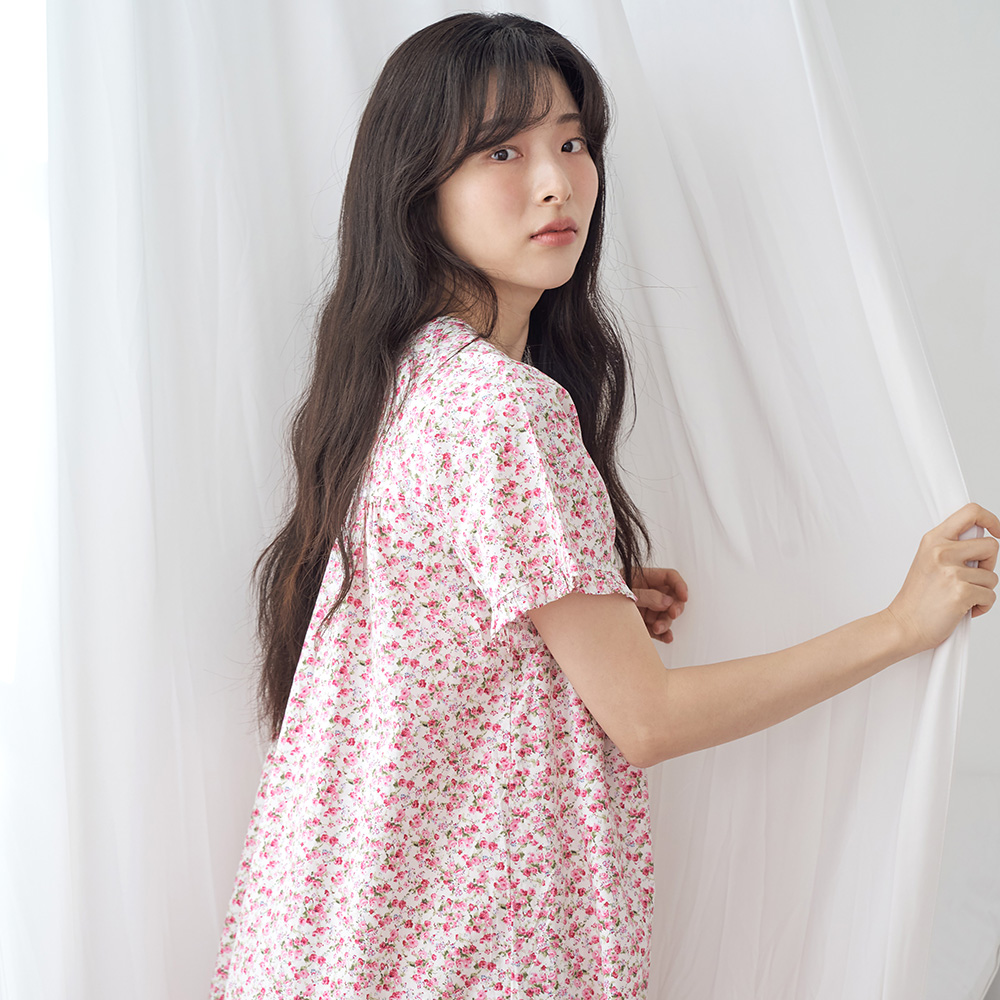 빨간잔꽃 순면 여성 반팔 빅사이즈 원피스 잠옷 - 상세 이미지 3