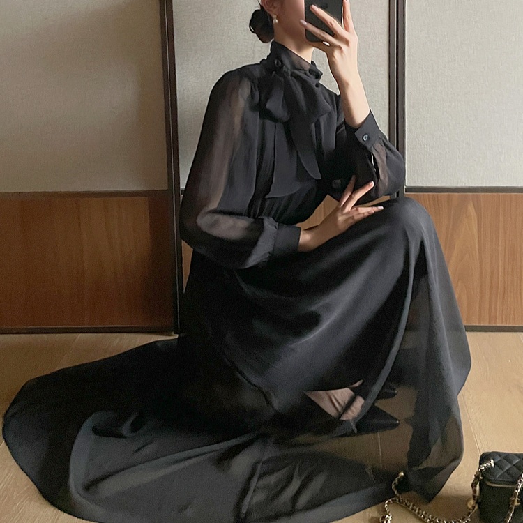 하이넥 리본 스트랩 쉬폰 플리츠 롱 원피스 크림 M - 상세 이미지 5