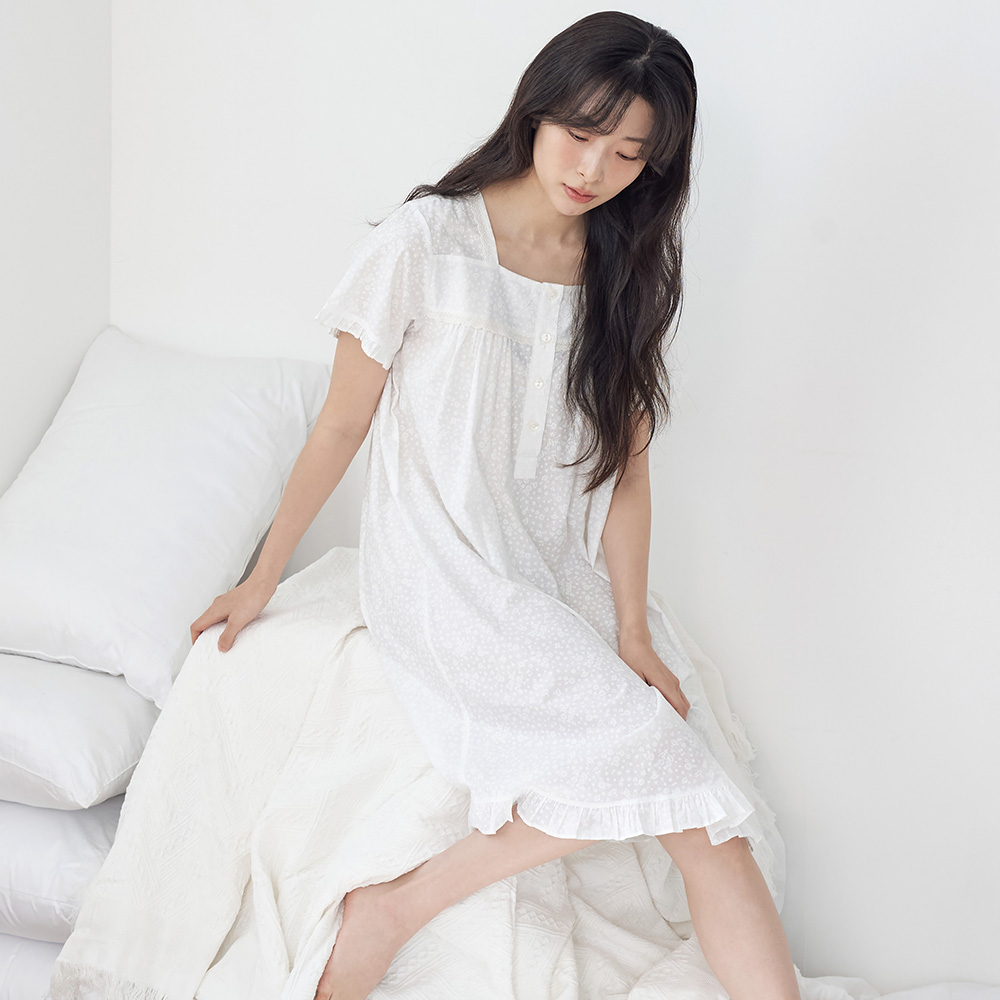 화이트퓨어 스퀘어 순면 여성 반팔 빅사이즈 원피스 잠옷 - 메인 이미지
