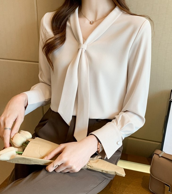 일교차맞춤 격식 베이직 타이부착무지블라우스 오피스룩 긴팔소매 스카프상의 여자여자몰 이미지 8
