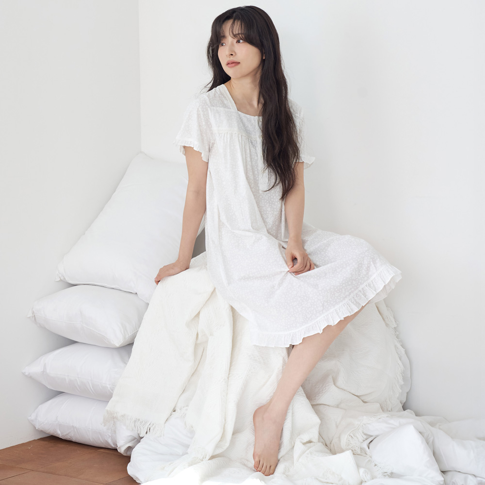 화이트퓨어 스퀘어 순면 여성 반팔 빅사이즈 원피스 잠옷 - 상세 이미지 3