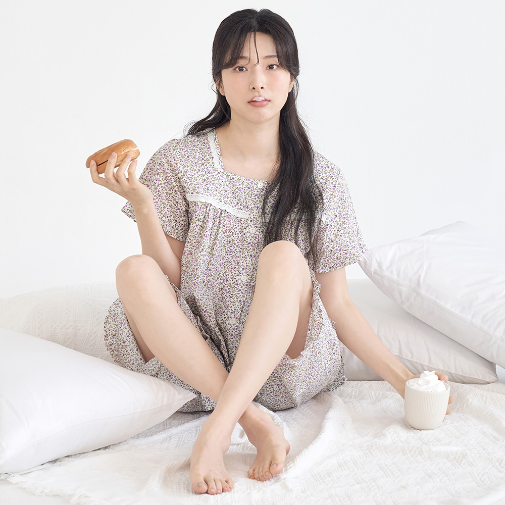 보라잔꽃 여성 여름 반팔 아사면 순면 잠옷 파자마 홈웨어 세트 - 상세 이미지 2