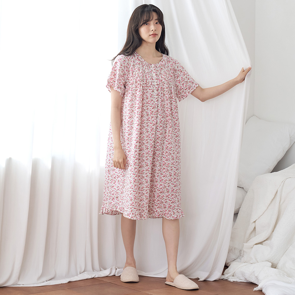 빨간잔꽃 순면 여성 반팔 빅사이즈 원피스 잠옷 - 상세 이미지 2