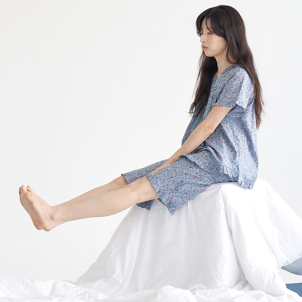 진한블루꽃 순면 여성 반팔 빅사이즈 잠옷 세트 이미지 7