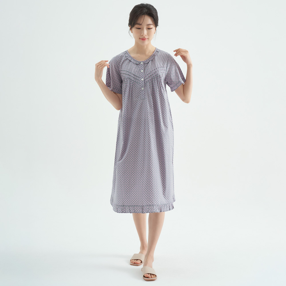 퍼플핑크도트 순면 여성 반팔 빅사이즈 원피스 잠옷 - 상세 이미지 2