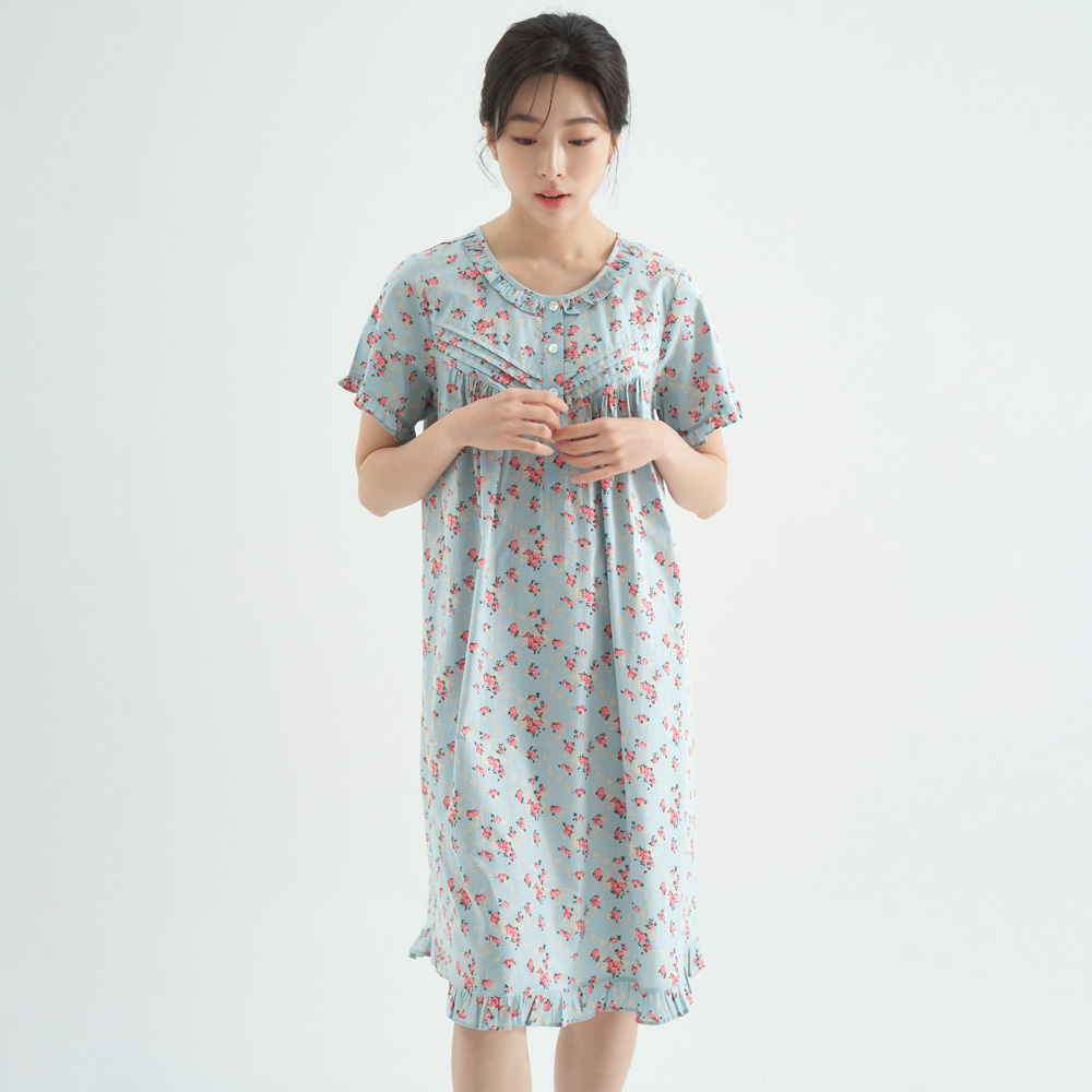 연한민트꽃 순면 여성 반팔 빅사이즈 원피스 잠옷 - 메인 이미지