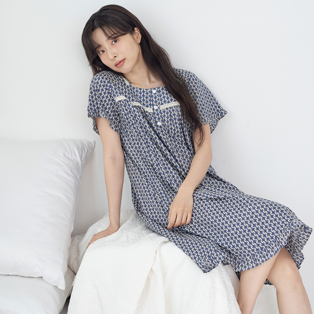 엔틱블루 스퀘어 순면 여성 반팔 빅사이즈 원피스 잠옷 이미지 7