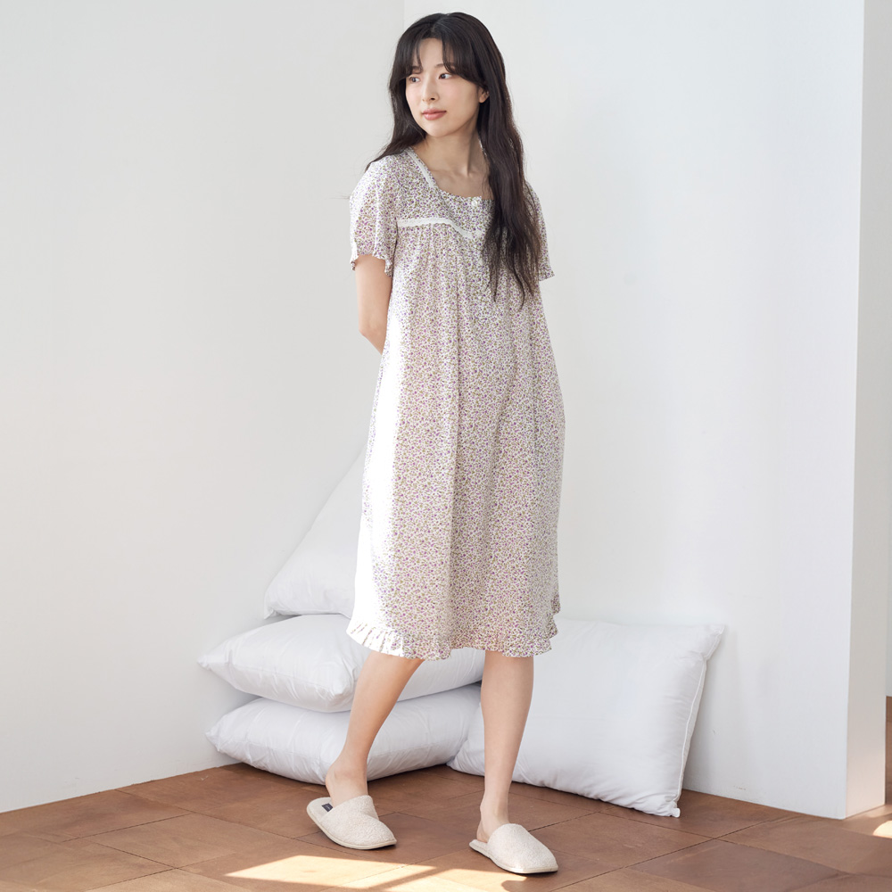 보라잔꽃 스퀘어 순면 여성 반팔 빅사이즈 원피스 잠옷 - 상세 이미지 3