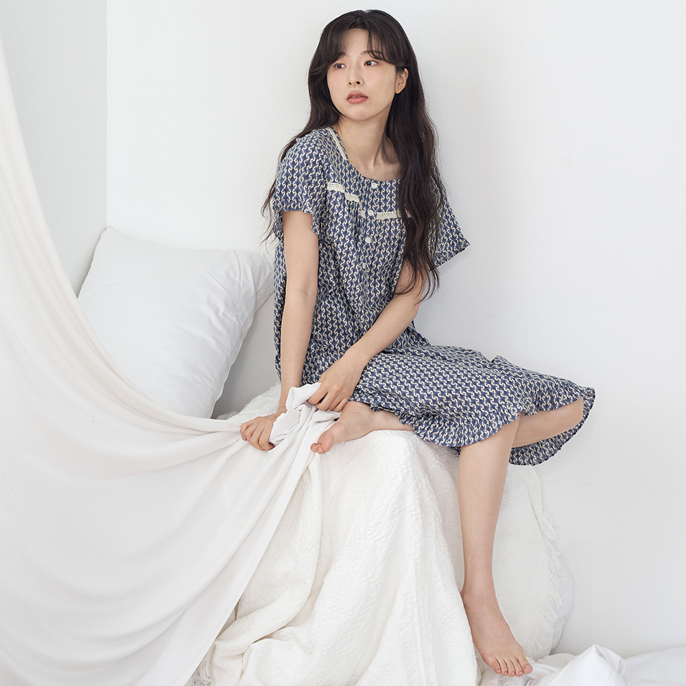 엔틱블루 스퀘어 순면 여성 반팔 빅사이즈 원피스 잠옷 - 상세 이미지 2