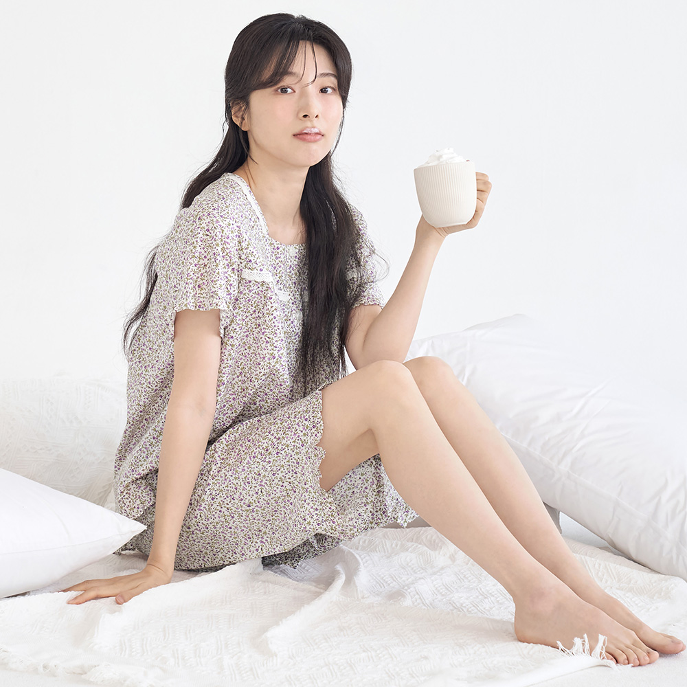 보라잔꽃 여성 여름 반팔 아사면 순면 잠옷 파자마 홈웨어 세트 - 상세 이미지 3