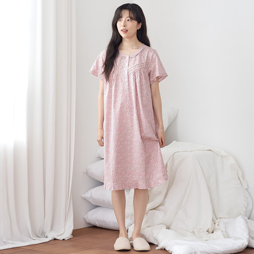 핑크잔꽃 순면 여성 반팔 빅사이즈 원피스 잠옷 - 상세 이미지 5