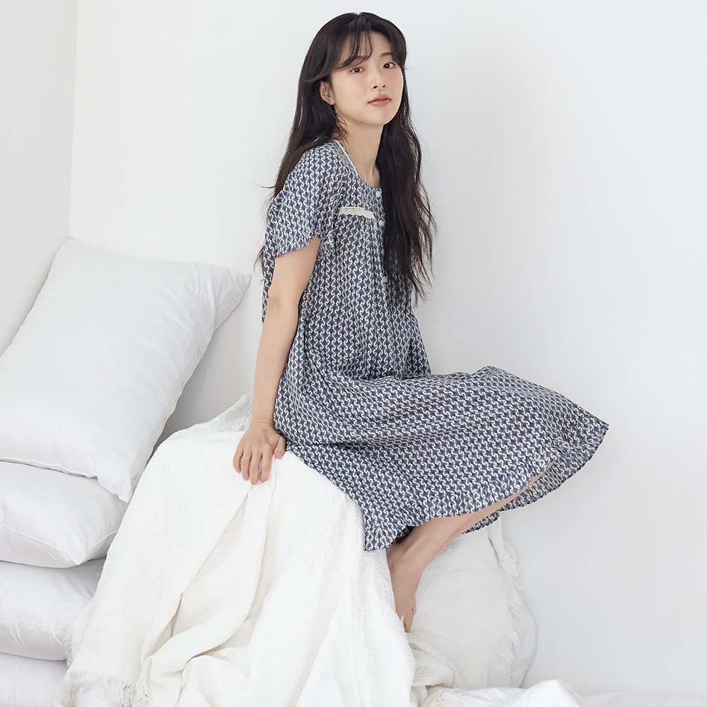 엔틱블루 스퀘어 순면 여성 반팔 빅사이즈 원피스 잠옷 - 상세 이미지 3