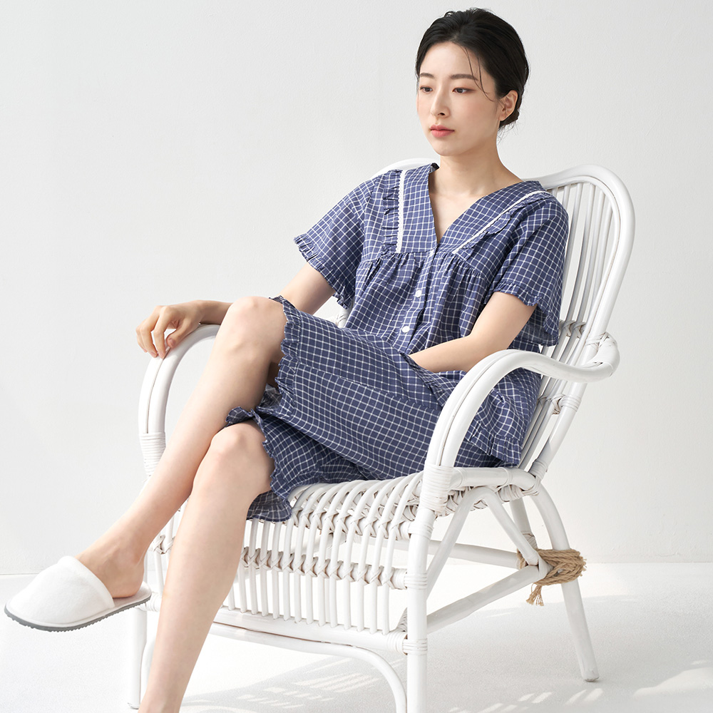 페인체크 V넥 순면 여성 반팔 빅사이즈 잠옷 세트 이미지 7