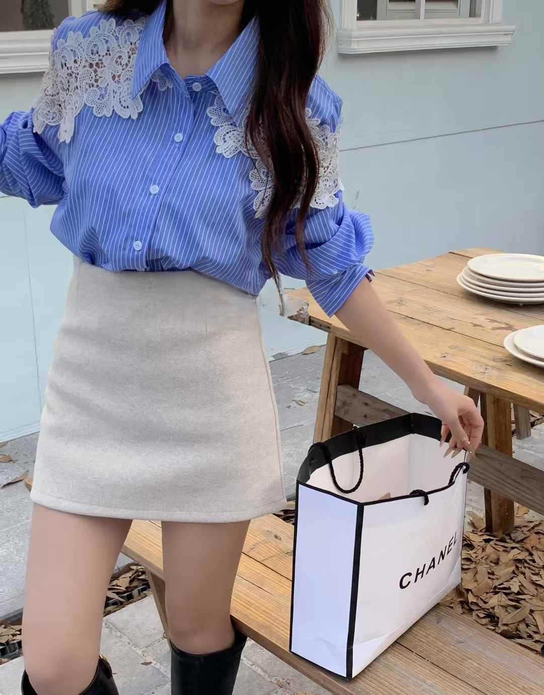 레이스펀칭 스트라이스셔츠 기본 무지긴팔셔츠 코튼 자수남방 페미닌 - 상세 이미지 3