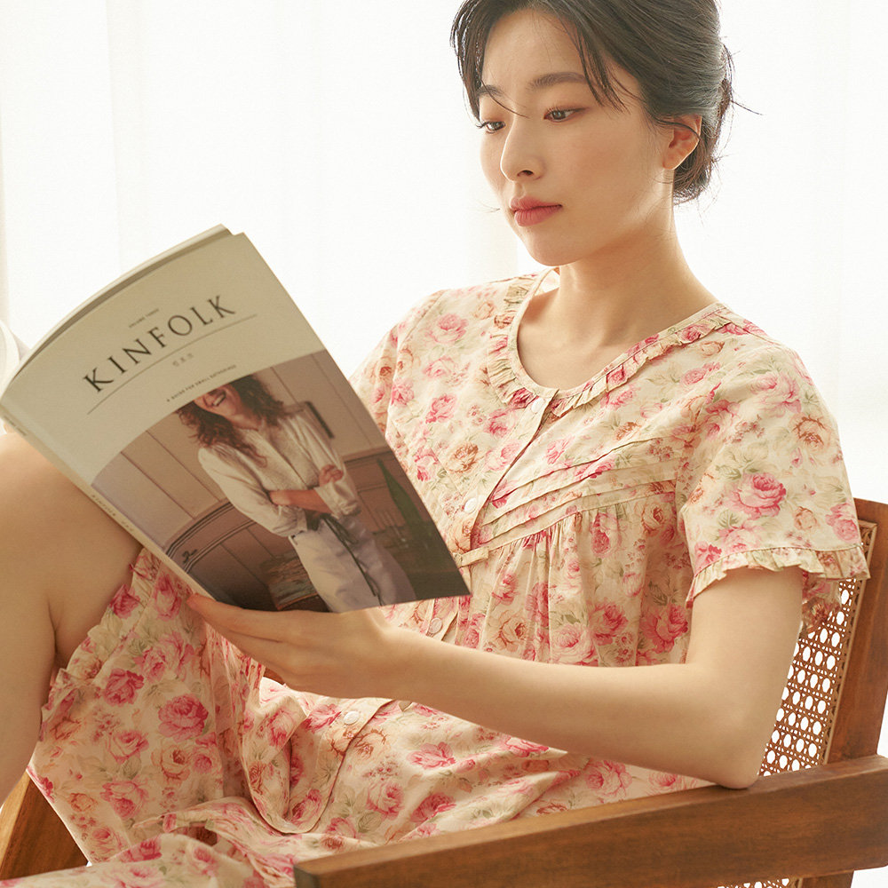 로열장미 순면 여성 반팔 빅사이즈 잠옷 세트 - 메인 이미지