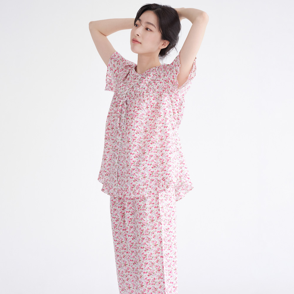 빨간잔꽃 순면 여성 반팔 빅사이즈 잠옷 세트 이미지 7