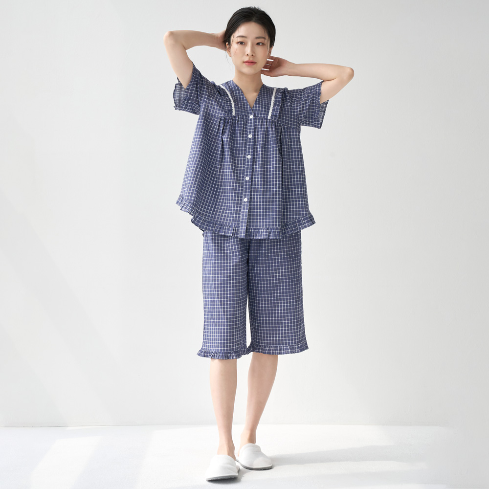 페인체크 V넥 순면 여성 반팔 빅사이즈 잠옷 세트 - 상세 이미지 3
