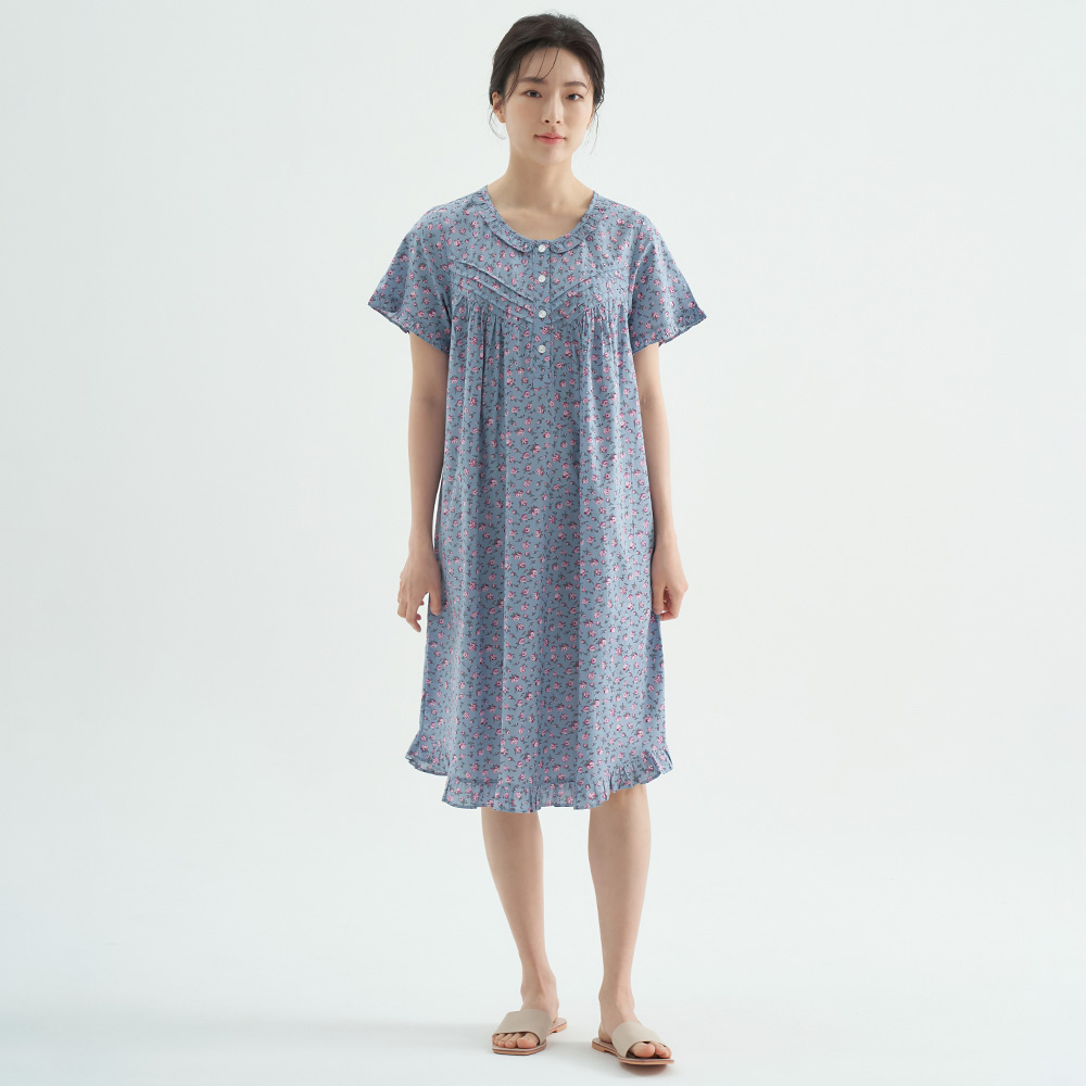 진한블루꽃 순면 여성 반팔 빅사이즈 원피스 잠옷 - 상세 이미지 3