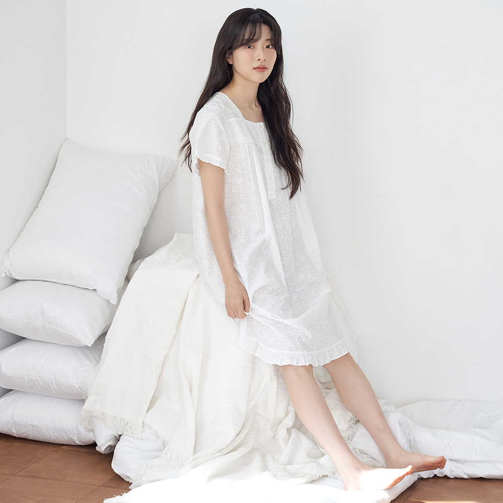 화이트퓨어 스퀘어 순면 여성 반팔 빅사이즈 원피스 잠옷 - 상세 이미지 4
