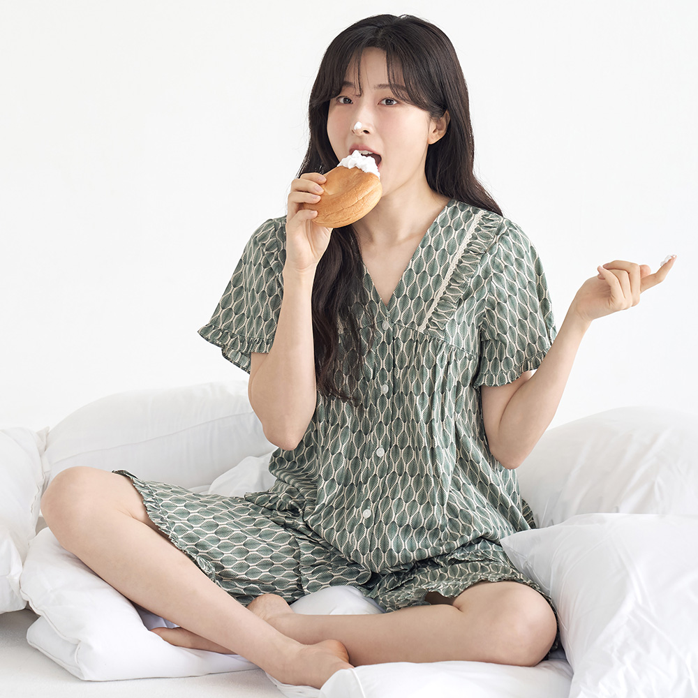 오리엔탈 V넥 순면 여성 반팔 빅사이즈 잠옷 세트 - 상세 이미지 2